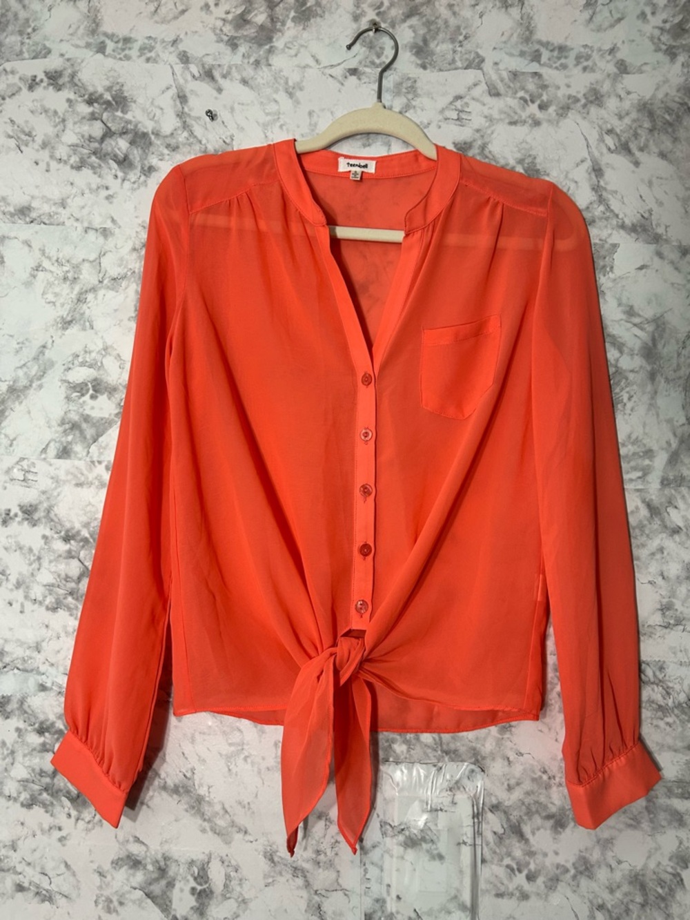 TeenBell Coral Tie-Front Button Blouse

5